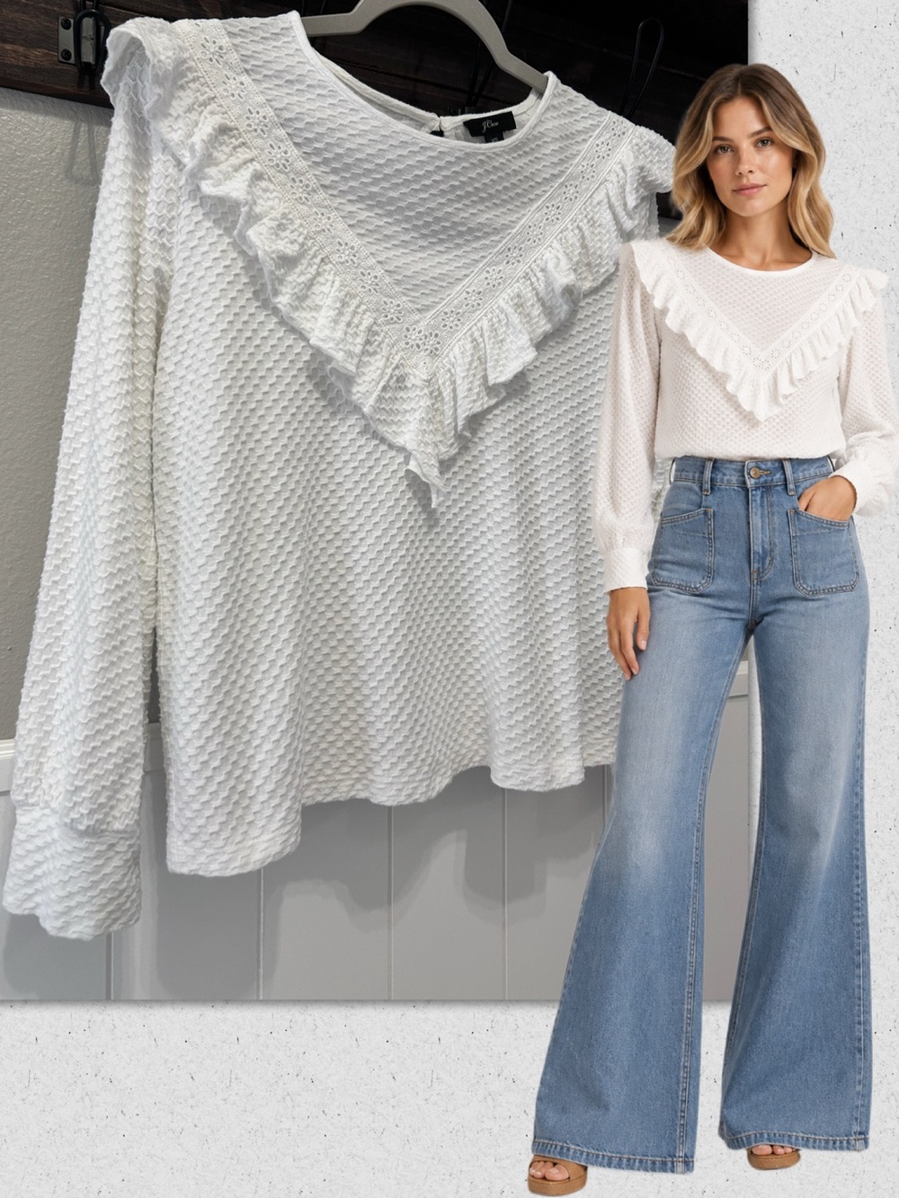 J.Crew Ruffle Trim Honeycomb Knit Cottagecore White Ivory Eyelet 70s Boho Top XS